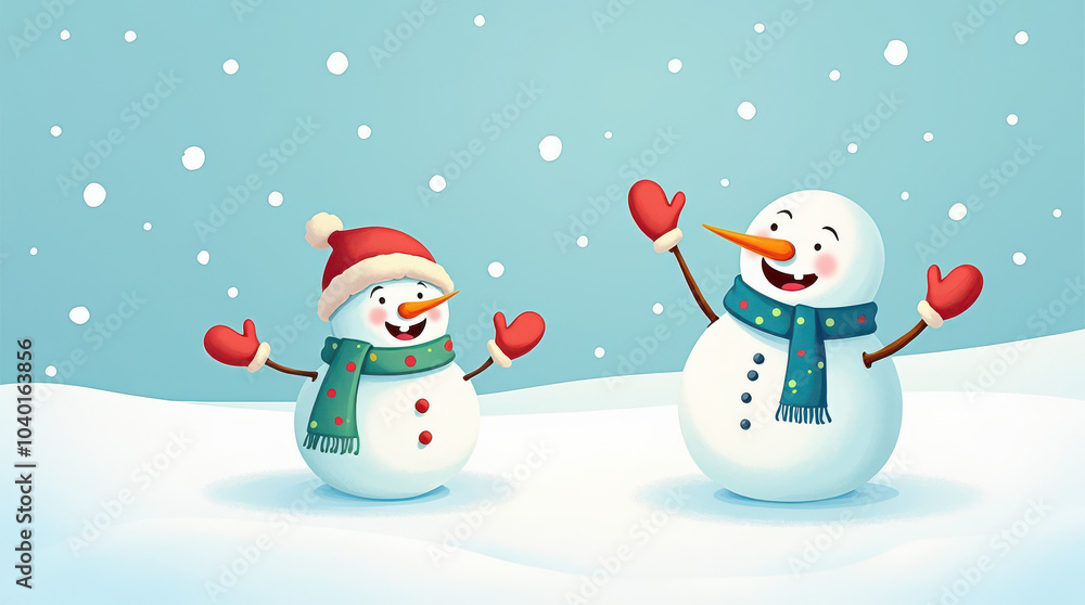 Two snowmen waving in snowy winter scene with snowfall Two snowmen waving in snowy winter scene with snowfall