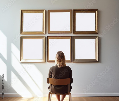 donna ,di spalle, seduta su una sedia , sta guardando delle cornici vuote appese al muro in una galleria d'arte photo