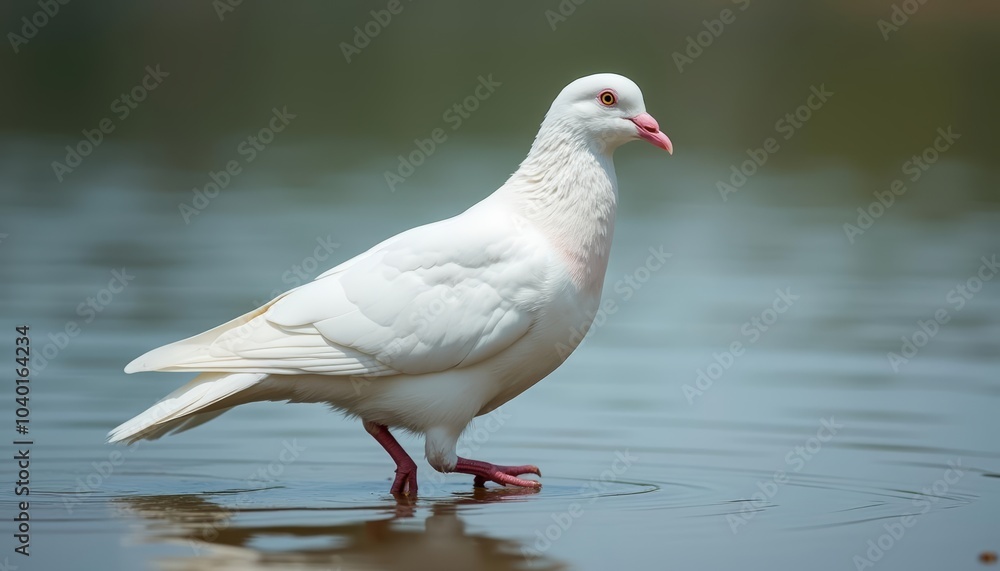 Peaceful moment A white dove stands on the waters edge Peaceful moment A white dove stands on the waters edge