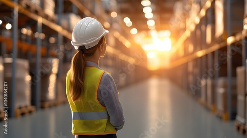Worker in Safety Gear Observing Warehouse at Sunset