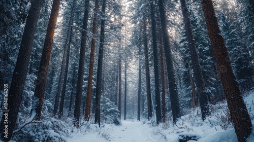 Snowy forest in the northern U.S. with tall pine trees, leaving room for text