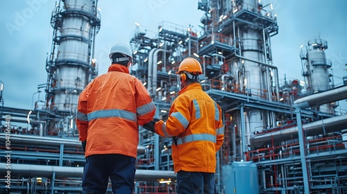View of Engineers over Industrial Complex at Dusk