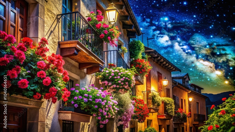 Night Photography of Vibrant Flowers Hanging on Balcony in Urban Street Setting