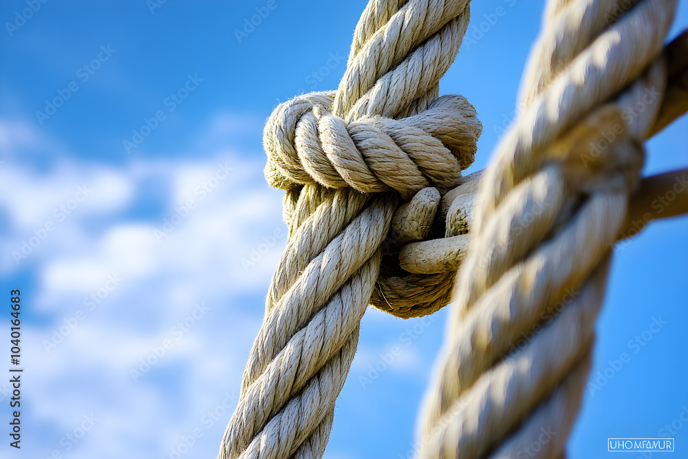 Close-up of a ship's mast with intricate ropes tied in knots against a blue sky showcasing the texture and craftsmanship of maritime equipment Close-up of a ship's mast with intricate ropes tied in knots against a blue sky showcasing the texture and craftsmanship of maritime equipment