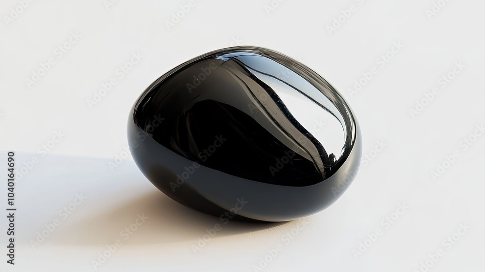 A polished black onyx gemstone, its smooth surface reflecting light on a minimalist white background A polished black onyx gemstone, its smooth surface reflecting light on a minimalist white background