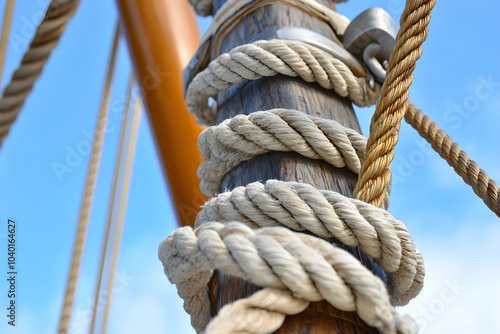 A close-up of a ship's mast showcases intricate ropes coiling around weathered wood against a bright blue sky