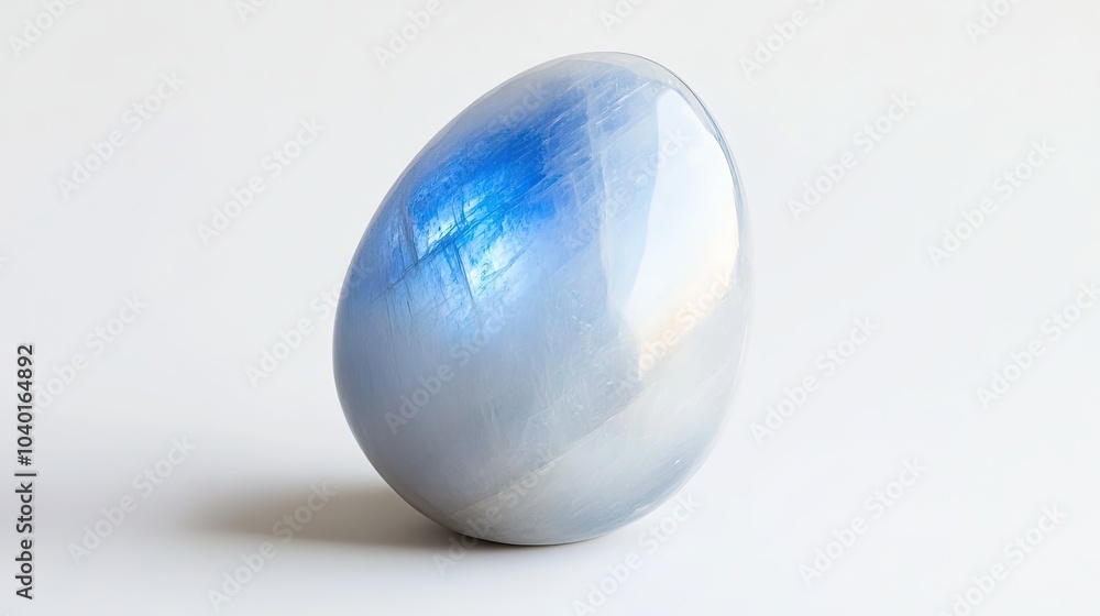 A polished moonstone gemstone with a soft blue shimmer, placed against a clean white background A polished moonstone gemstone with a soft blue shimmer, placed against a clean white background