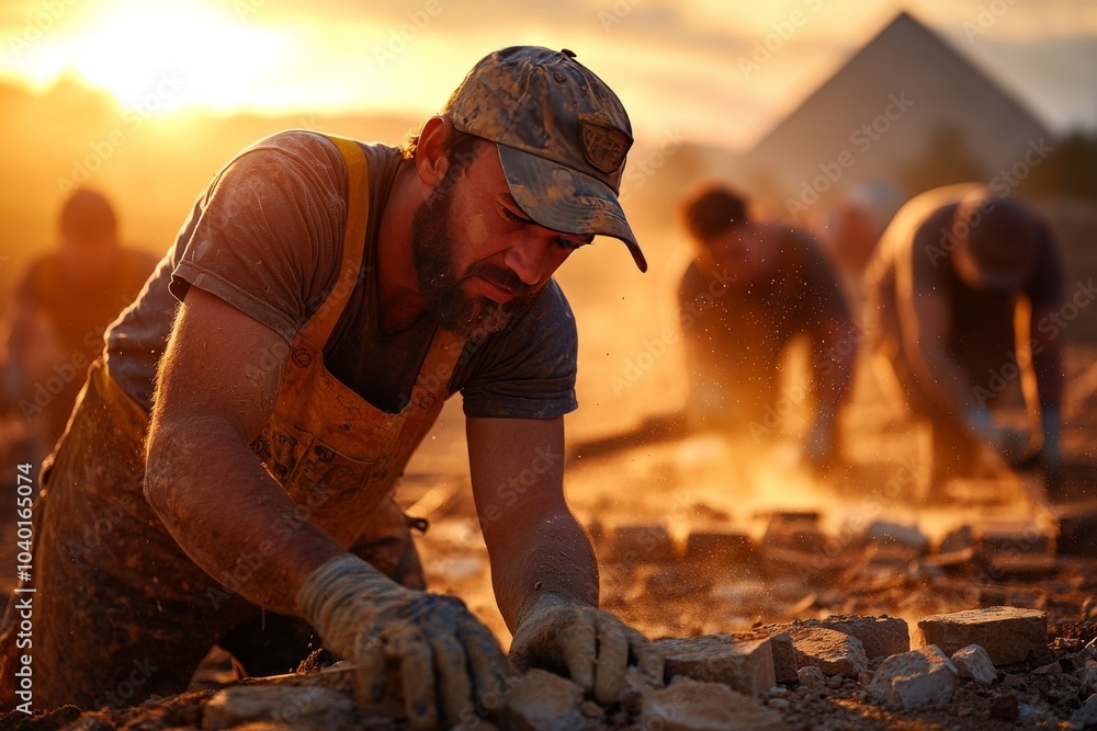 Close-up shot of workers carving intricate hieroglyphs into limestone for the Great Pyramid, with dust floating in the air as the setting sun casts long shadows Close-up shot of workers carving intricate hieroglyphs into limestone for the Great Pyramid, with dust floating in the air as the setting sun casts long shadows
