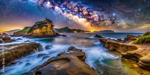 Night Photography of Yehliu Geopark's Unique Rock Formations and Coastal Scenery in New Taipei, Taiwan photo