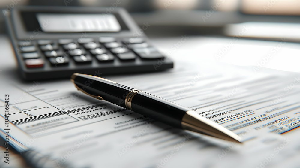 3D Glossy Calculator Pen Financial Documents Copy Space High Definition Image Isolated Design Branding Text Concept White Background 3D Glossy Calculator Pen Financial Documents Copy Space High Definition Image Isolated Design Branding Text Concept White Background