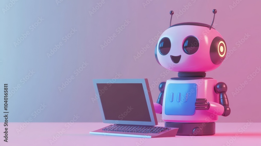 3D illustration. Chatbots with artificial intelligence, working and chatting on a computer, 3D illustration. Chatbots with artificial intelligence, working and chatting on a computer,