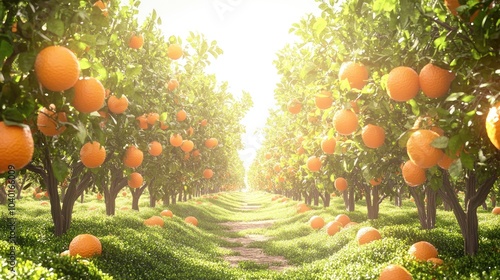 A scenic view of an orange orchard filled with rows of ripe fruit, showcasing the abundance of nature harvest, on a white background photo