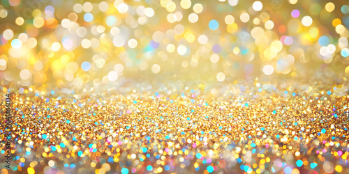 A beautiful abstract background features shimmering golden glitter with colorful bokeh lights creating a festive and vibrant atmosphere