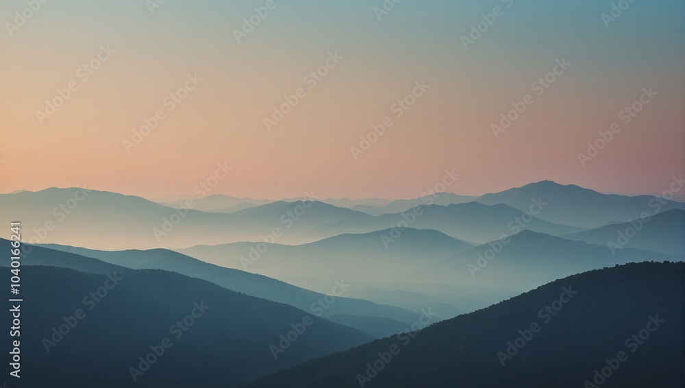 Soft gradient sunset over rolling mountains in a tranquil landscape Soft gradient sunset over rolling mountains in a tranquil landscape