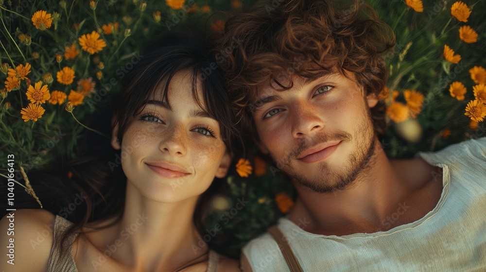 Naklejka premium young beautiful couple lying on the lawn 