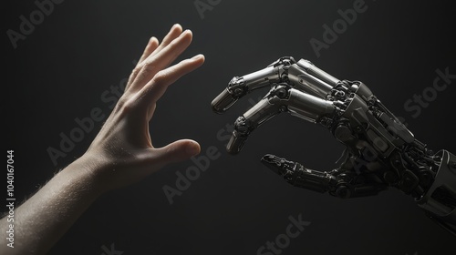 A human hand reaches out to a robotic hand, symbolizing the relationship between humans and technology.