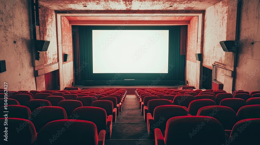 Fototapeta premium A spacious empty movie theater with red velvet seats and a blank screen, awaiting the start of a film, set against a white background