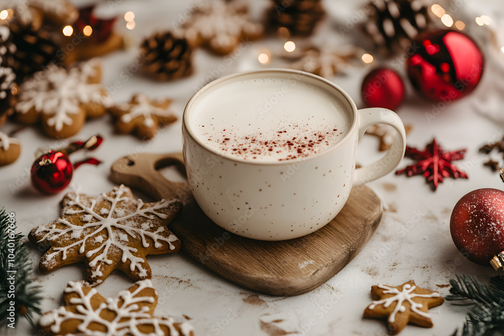 A cozy white cup filled with frothy drink sits on a wooden board surrounded by festive decorations, cookies, and pinecones in a warm holiday setting A cozy white cup filled with frothy drink sits on a wooden board surrounded by festive decorations, cookies, and pinecones in a warm holiday setting