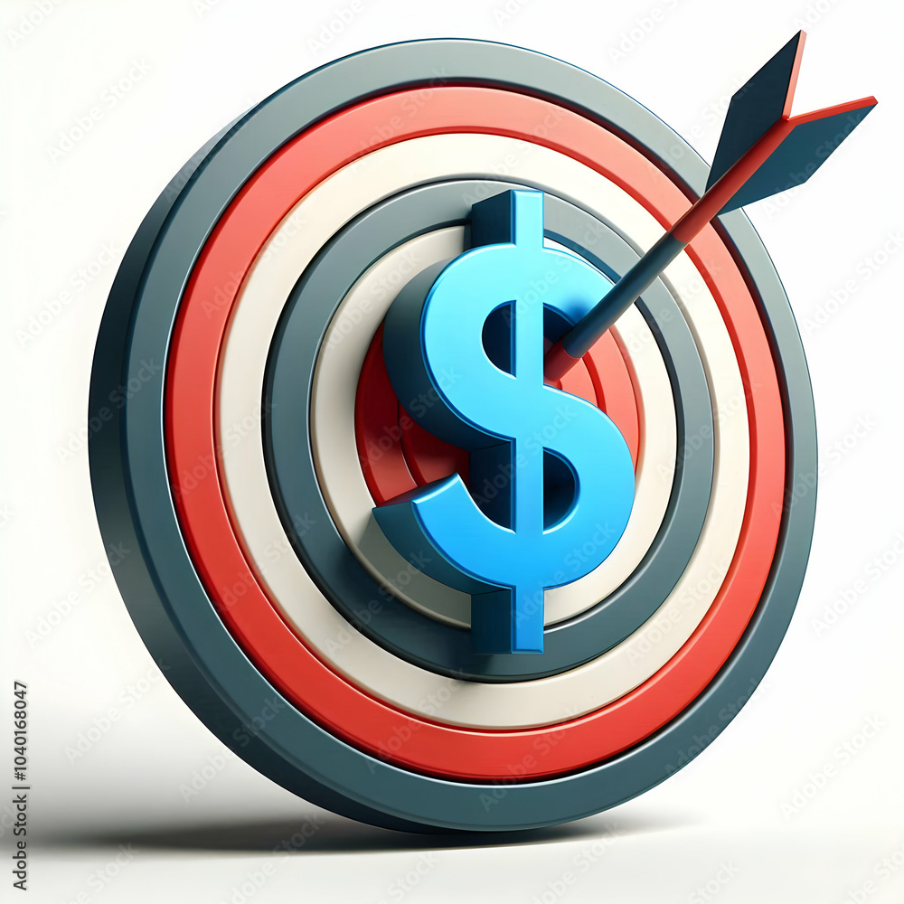 3D Vector Bullseye Icon with Dollar Sign Center for Financial Targets | Clean Illustration for Infographics on Investment Goals, Budget Strategies, and Financial Objectives | Isolated on White Backgro 3D Vector Bullseye Icon with Dollar Sign Center for Financial Targets | Clean Illustration for Infographics on Investment Goals, Budget Strategies, and Financial Objectives | Isolated on White Backgro