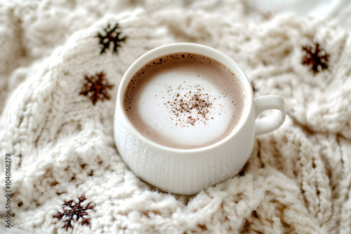 A cozy white cup of hot chocolate sits atop a knitted blanket with snowflake patterns inviting warmth and comfort