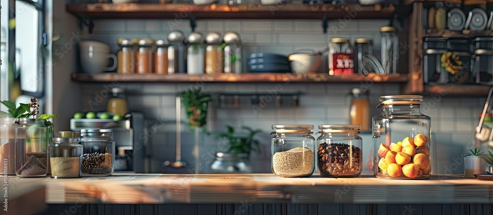 Blurry cafe interior with glass jars on shelves and kitchenware in the background showcasing products with space for a copy image Blurry cafe interior with glass jars on shelves and kitchenware in the background showcasing products with space for a copy image