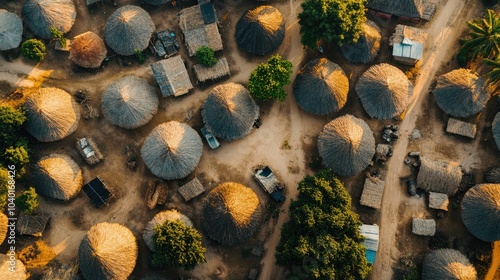 Top view of a quiet African village with thatched roofs, offering open space for text