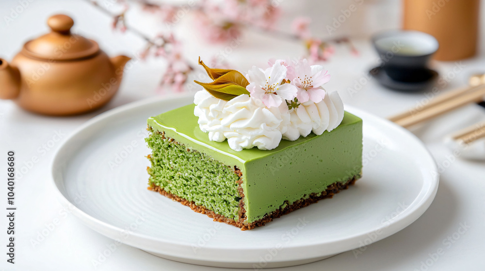 delicious slice of matcha green tea cake topped with whipped cream and flowers delicious slice of matcha green tea cake topped with whipped cream and flowers