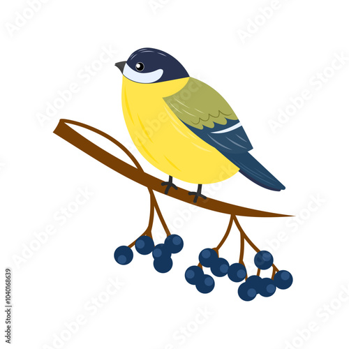 Tit bird sits on a branch with berries. Winter feather bird. Cute character, titmouse. Vector illustration of small forest bird. Flat style.