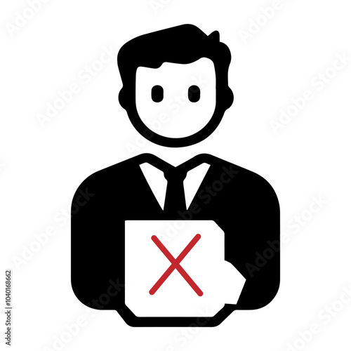 A businessman holding a document with a red cross symbol while wearing a suit in a professional setting during daylight hours