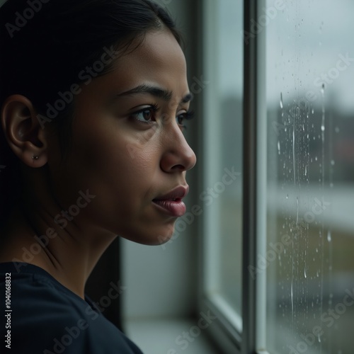 Digital painting featuring an emotional melancholic African American woman looking out of a rain-splattered window