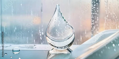 Crystal clear water droplet delicately balanced on a reflective surface, with soft, blurred background photo