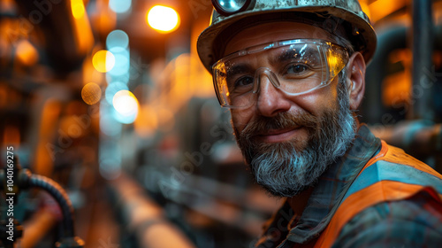 Smiling worker in an industrial setting wearing safety gear.