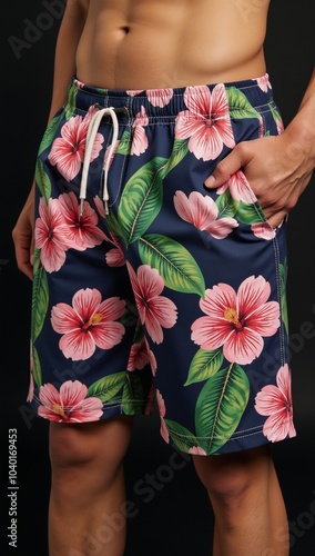 Stylish vibrant hibiscus-printed floral shorts tropical design with an elastic waistband for both beach and casual outfits photo