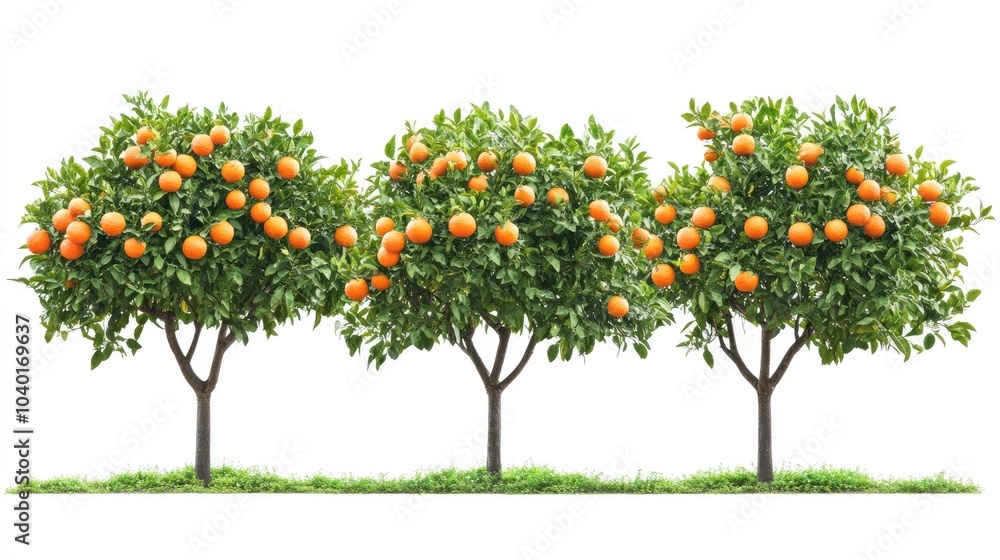 Fototapeta premium Abundant orange trees loaded with ripe fruit, symbolizing the freshness and richness of the harvest season, isolated on white