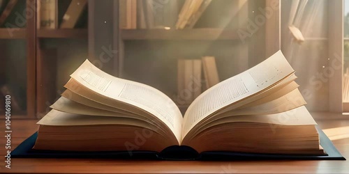 Open book in soft sunlight, with pages turning in a cozy library setting photo