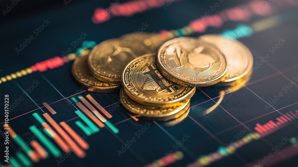 Business performance background with a rising stock chart, economic data, and financial trends, coin on stock chart Business performance background with a rising stock chart, economic data, and financial trends, coin on stock chart