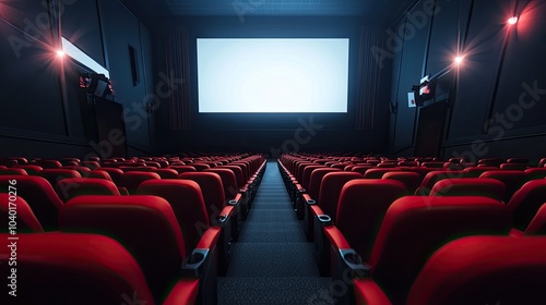 An empty movie theater with red seats and a large screen, waiting for the next film to begin, isolated on a white background