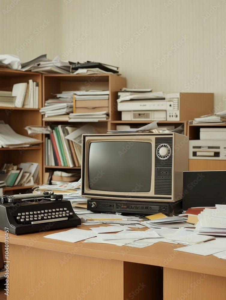 Old TV set placed on a cluttered office desk, old papers, typewriter, rotary phone, sepia-toned lighting, very realistic Old TV set placed on a cluttered office desk, old papers, typewriter, rotary phone, sepia-toned lighting, very realistic