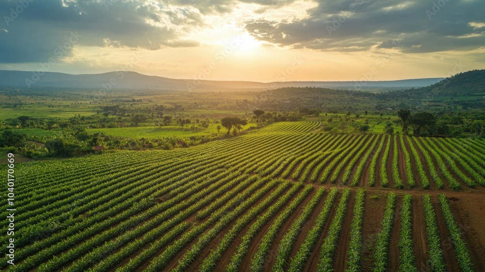 Top view of African farmland in neat rows, with open space for copy in the sky Top view of African farmland in neat rows, with open space for copy in the sky