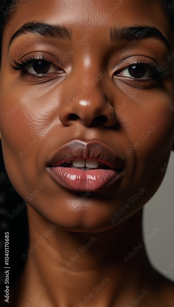 A close-up portrait highlights glossy confident lips on a stunning African American woman with plump full features A close-up portrait highlights glossy confident lips on a stunning African American woman with plump full features