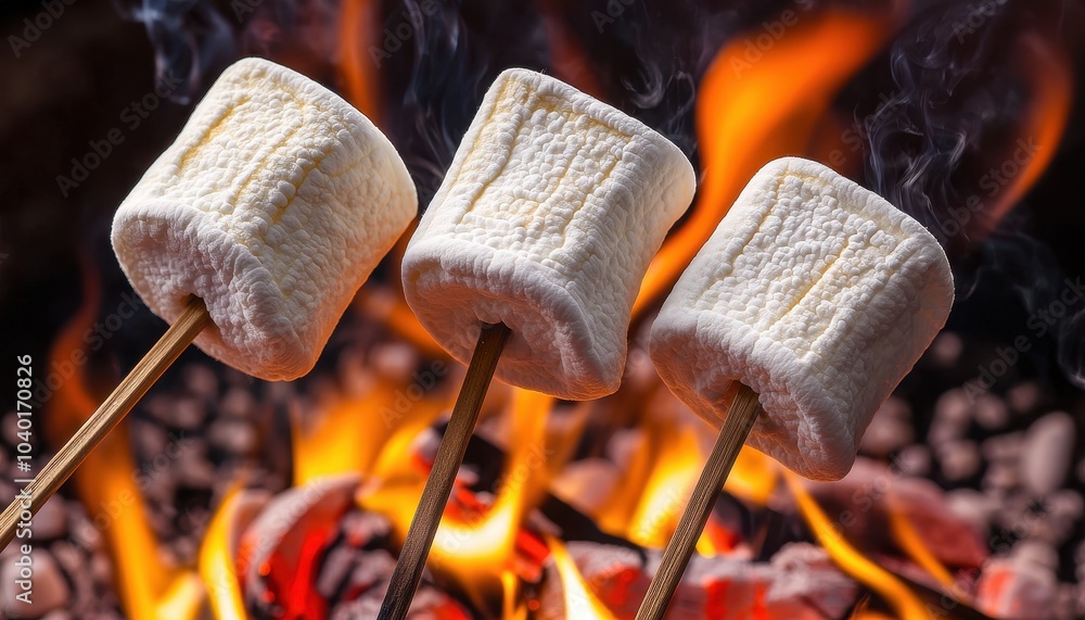 Marshmallows roasting on skewers over an open campfire, perfect for camping, s'mores, and outdoor gatherings.
Marshmallows roasting on skewers over an open campfire, perfect for camping, s'mores, and outdoor gatherings.