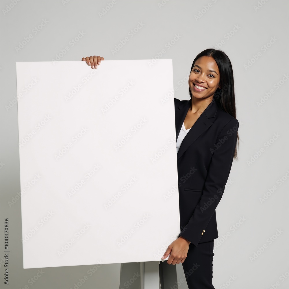 Mockup featuring a large square blank canvas being held by an African American woman Mockup featuring a large square blank canvas being held by an African American woman