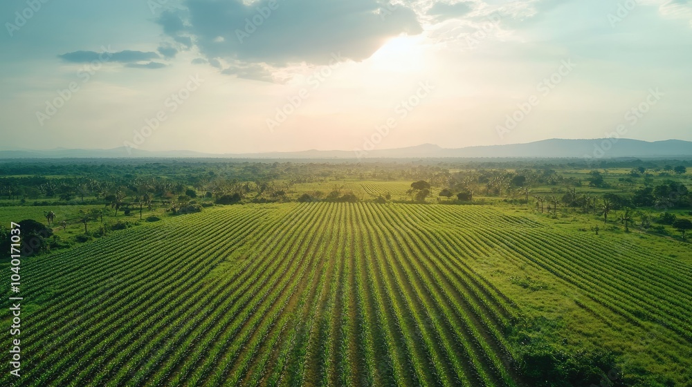 Top view of African fields stretching into the distance, with copy space in the sky Top view of African fields stretching into the distance, with copy space in the sky