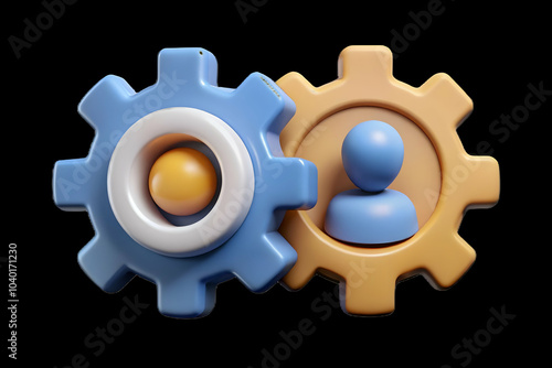 Interlocking Gears Half Human Half Robotic Concept Image on Plain Background for Seamless Human Machine Collaboration Integration Stock Photo Visual with Ample Copy Space for Text Branding