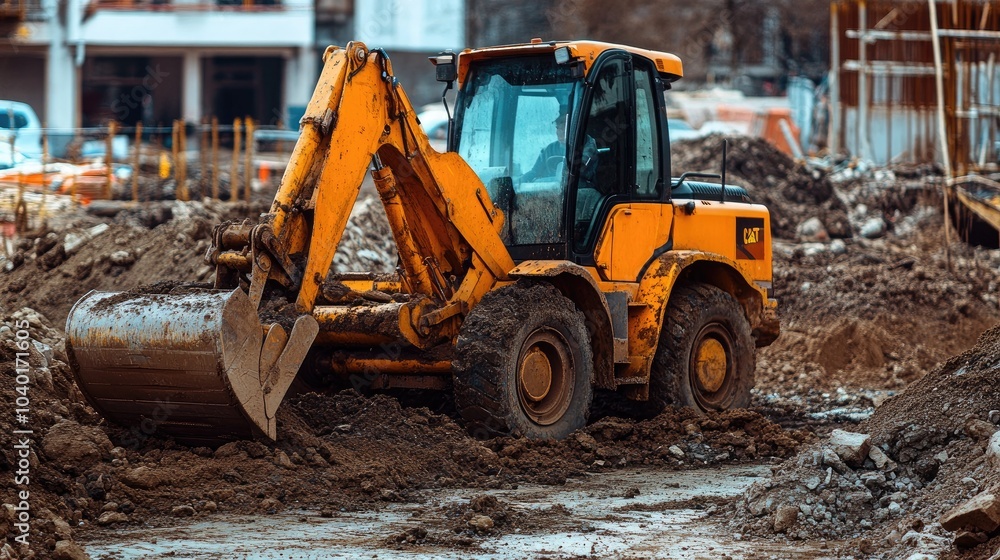 An orange backhoe actively digging at a construction site, with piles of soil and debris surrounding the heavy machinery. An orange backhoe actively digging at a construction site, with piles of soil and debris surrounding the heavy machinery.