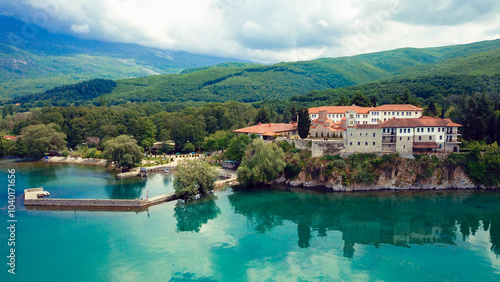 Photography Sveti Naum Monastery by Lake Ohrid in Macedonia surrounded by lush greenery and