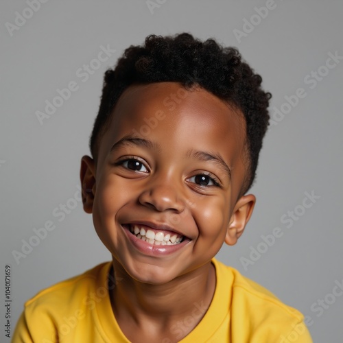 Cute African-American boy in yellow shirt with curious bright eyes Afro gazing upward on neutral backdrop