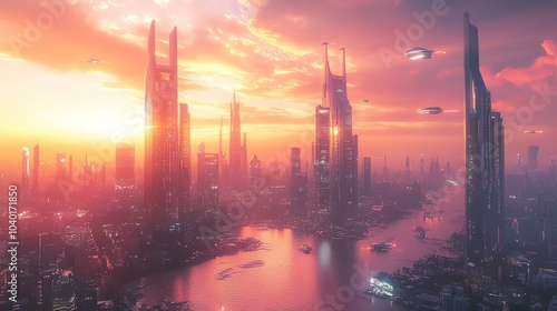 Futuristic skyline at sunset over a vibrant city river.