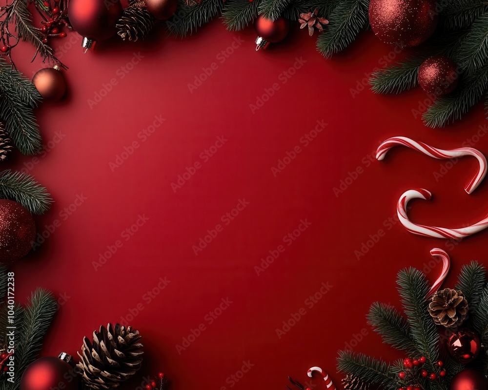 Flat lay of Christmas frame on a vibrant red background Flat lay of Christmas frame on a vibrant red background