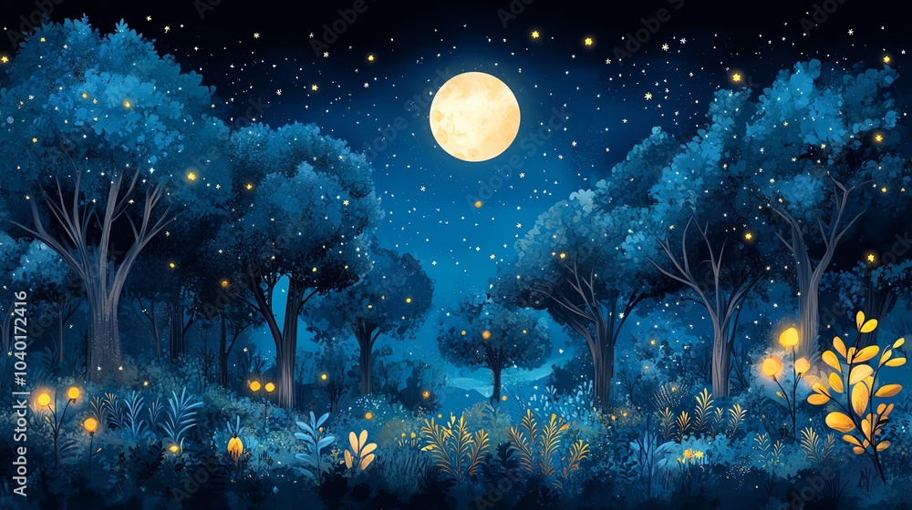 Moonlit forest with glowing fireflies and starry night sky. Moonlit forest with glowing fireflies and starry night sky.